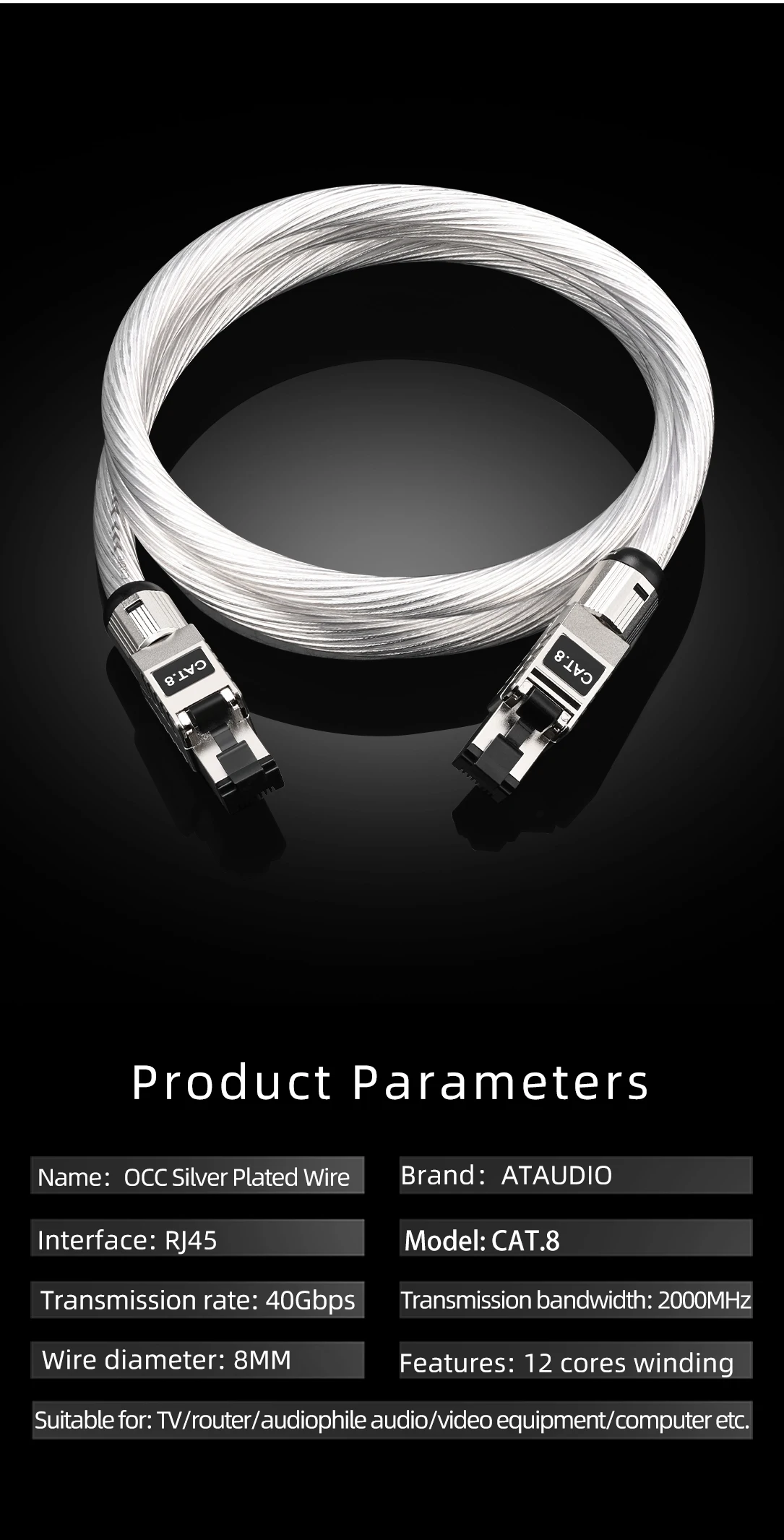 Hifi Ethernet Cable High Performance OCC Silver Plated Cat8 Network Cable Internet Cord for PC Router Laptop 10