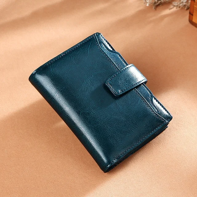 Women Wallet Genuine Leather Retro Oil Wax Cowhide Fashion Girls Wallet Short Zipper Cute Small Coin Purse for Women Blue