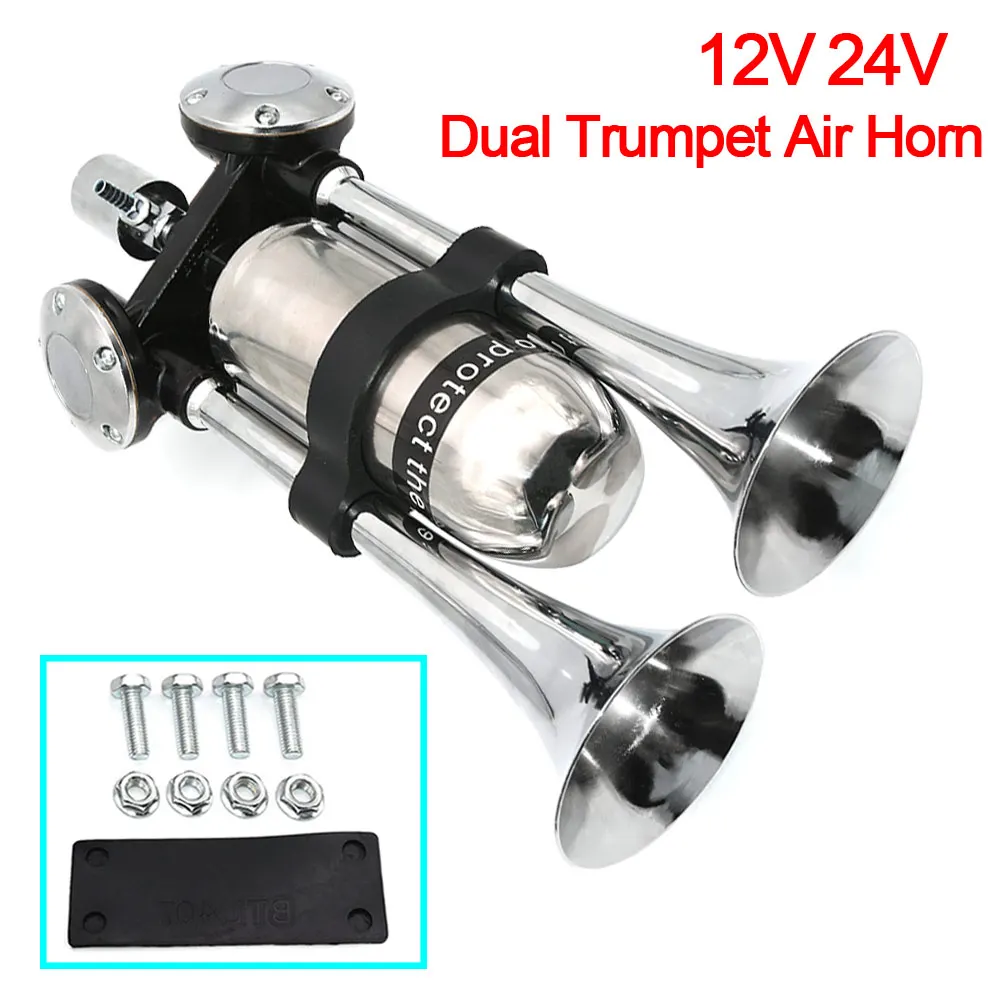 12V 2 Sounds Dual Trumpet Chrome Zinc Super Loud Air Horn-ROAD MONSTER