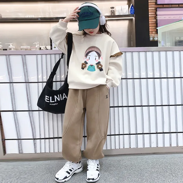십대 소녀 만화 풀오버 스웻셔츠와 코튼 펜슬 바지로 구성된 어린이 스포츠 세트