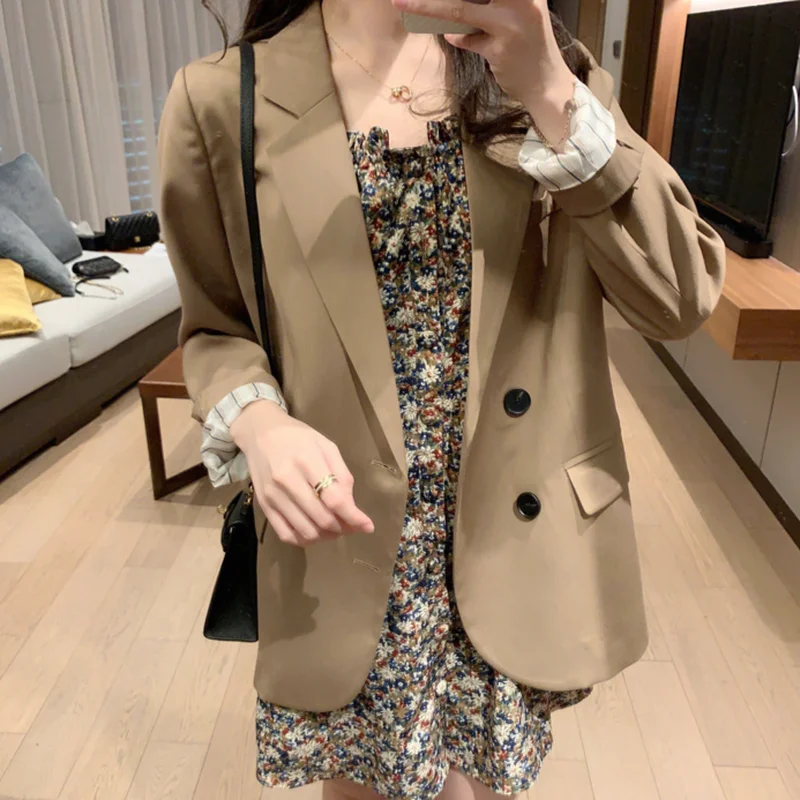 Solid Colors Single Breasted Commute Suit 2021 Spring Autumn New Fashion Indie Aesthetic Blazer Korean Khaki Office Blazer Women