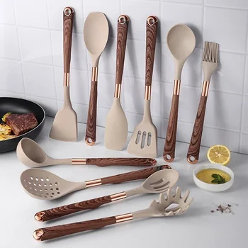Kitchen Utensils Silicone Cooking Utensils Kitchenware, Gold-plated Wood Grain Handle, Spatula, SpoonsCooking Pots Set 2