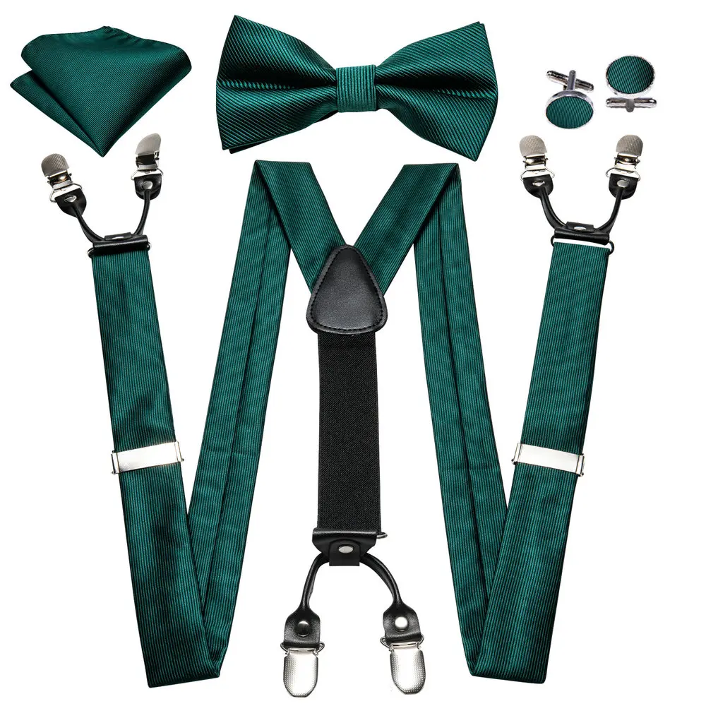 

Men's Suspender Fashion Leaf Green Silk Stripe Woven Pre-Bow Tie Handkerchief Cufflink Six Clips Set Wedding Designer Barry.Wang