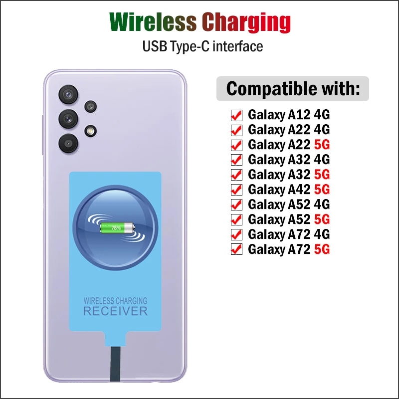 usb phone converter Qi Wireless Charging Receiver for Samsung Galaxy A12 A22 A32 A42 A52 A72 4G 5G USB Type-C Adapter USBC Charger Connector iphone charger converter