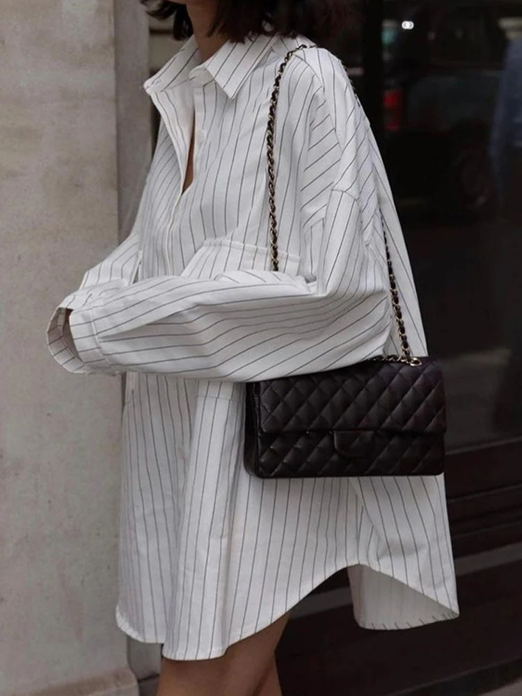 

Женская Полосатая рубашка большого размера на осень и зиму с длинным рукавом, белые блузки с отворотом, женские повседневные свободные однобортные Нерегулярные Рубашки