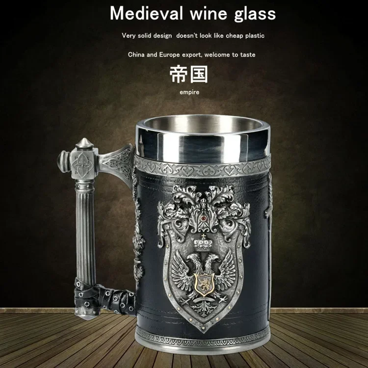 Description Picture 4 of itemNorse Mythology Beer Mugs World Tree Viking Warrior Oak Barrel Resin Stein Tankard Stainless Steel Water Mug Coffee Cup 600ml