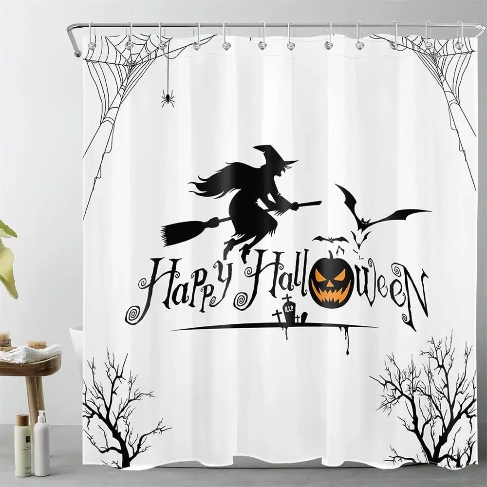 

Занавеска для душа на Хэллоуин, волшебная ведьма, паук, паутина, тыква, летучая мышь, черная, белая ткань на Хэллоуин, занавески для ванной комнаты, декор с крючками