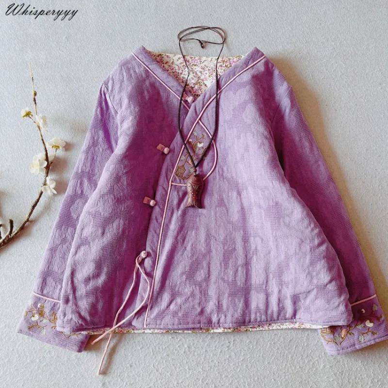 Chinese Style Embroidery Vintage Cotton and Linen Coat Women's Winter Hanfu Tops