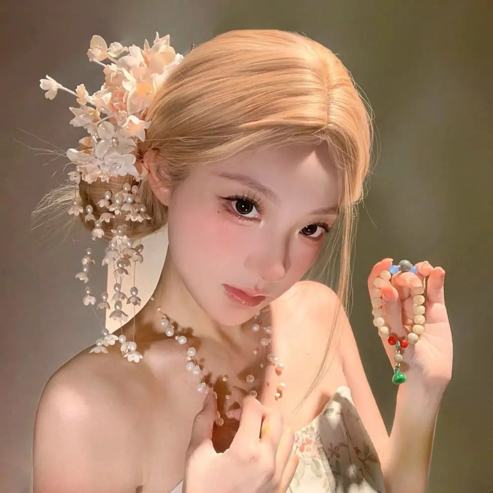 정교하고 우아한 신부 머리 장식, 요정같은 고급 웨딩 헤드 드레스, 진주 태슬 꽃 바레트 헤어 장신구