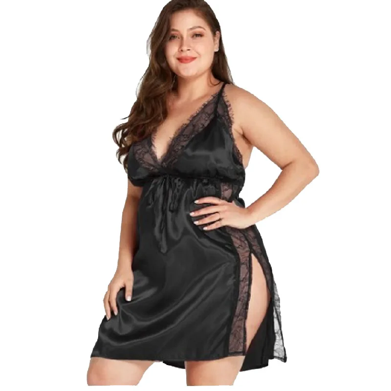 Women Nightgown Plus Size Ladies Lace Sexy Sling Nightdress Women's Satin Sleepwear V-neck Nightgown V-neck Nightwear Sleeping Dress