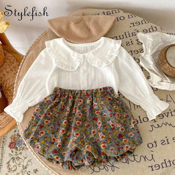 INS Spring and Autumn Clothing Infants and Girls Baby Doll Neck Fashion Jacquard Top+Fragmented Double Layer Pants 2-piece Set 1
