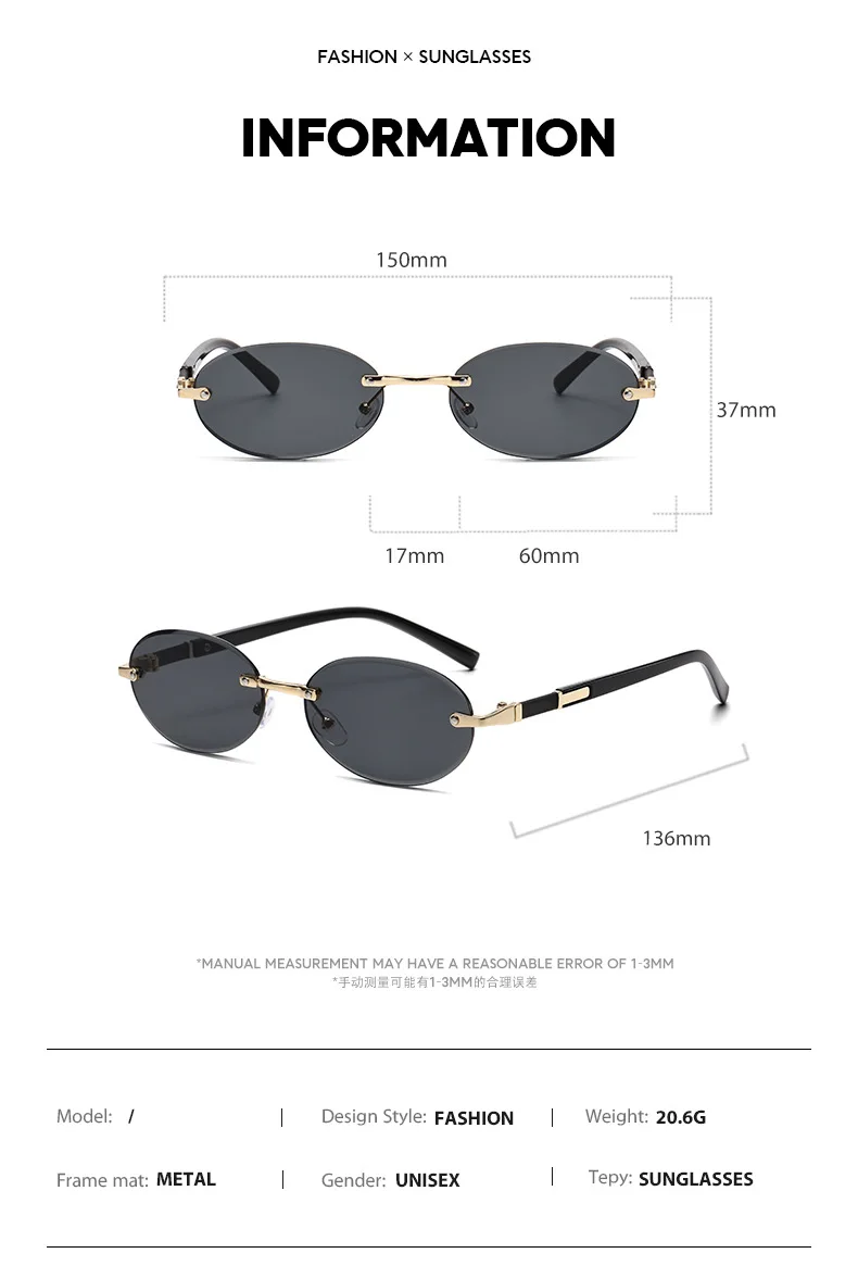 Oval & Round Rimless Sunglasses for Women Men - Fashion Lightweight UV Protection Shades, Trendy Summer Travel Eyewear 선글라스