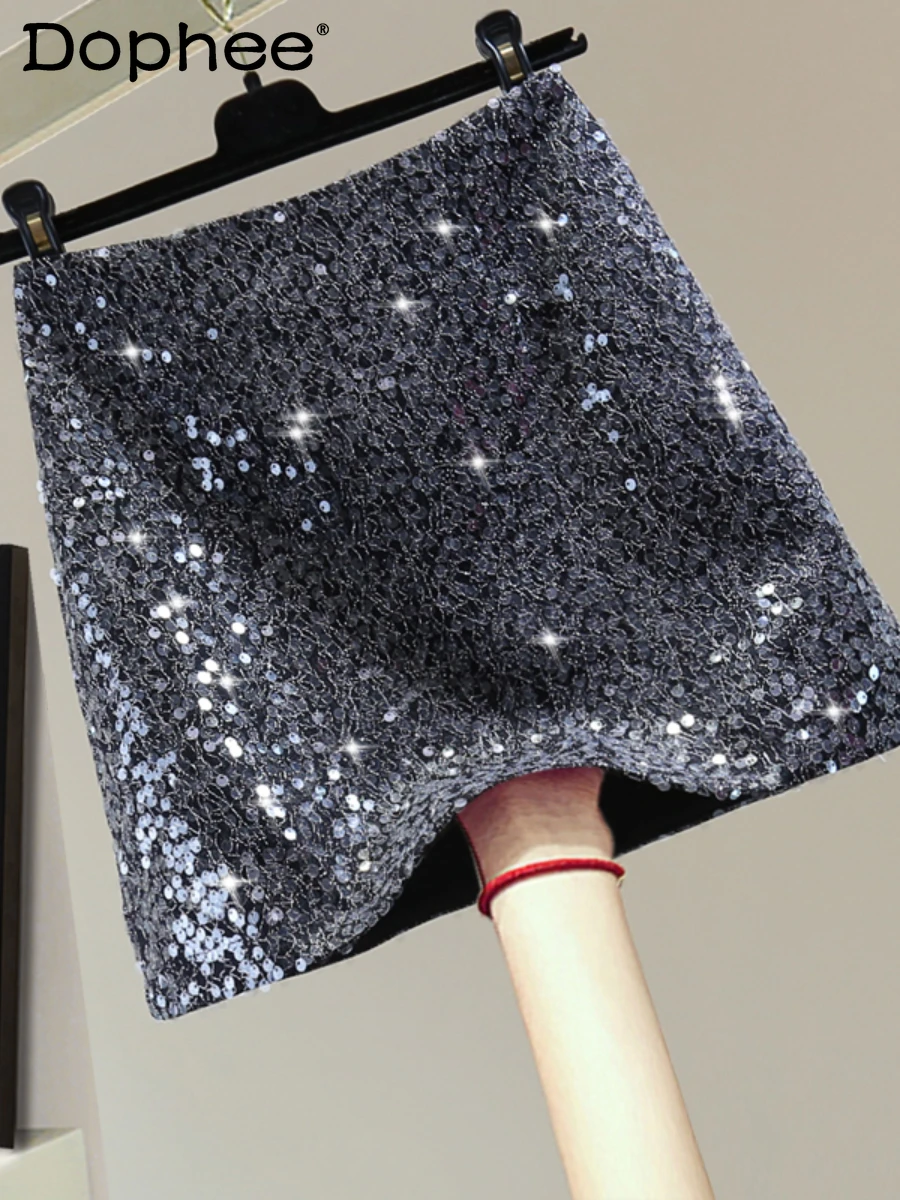 

Fashion High Waist Sequined Anti-Exposure Skirt 2023 Summer Short Skirts Korean Style Slimming Casual Black A- Line Mini Skirt