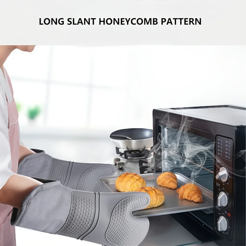 Silicone Oven Hot Mitts, Extra Long Professional Baking Oven Gloves , Quilted Liner- Food Safe,Pot Holders Cooking,Kitchen