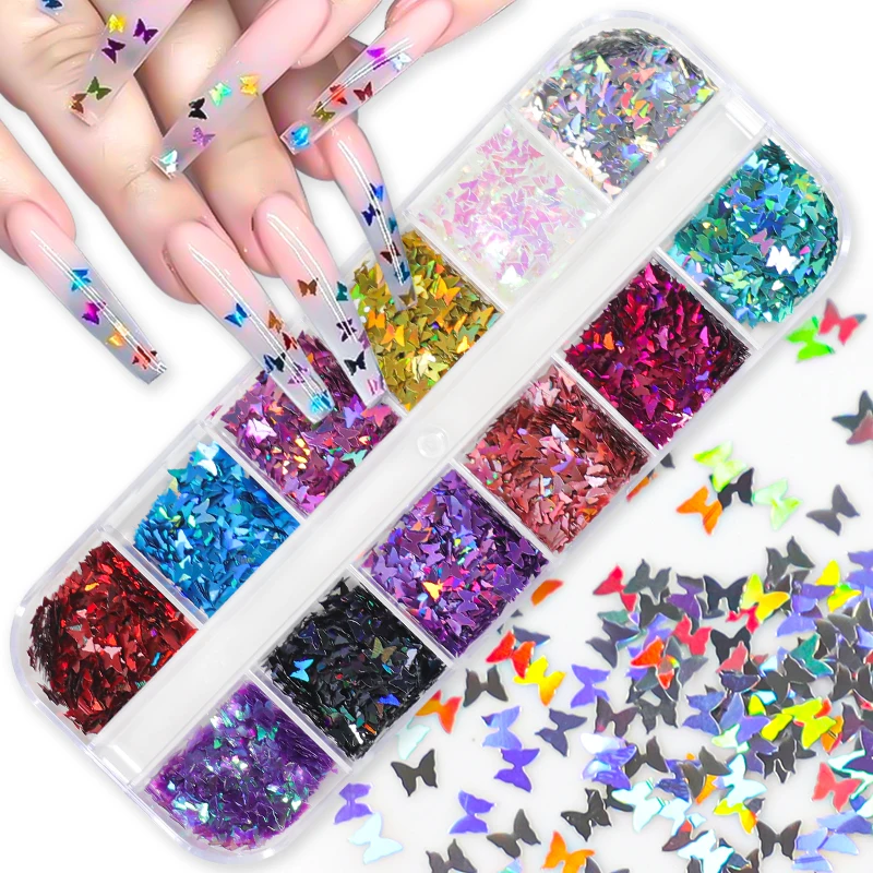 Holographic Butterfly Nail Glitter Sequins - Sparkly Laser Flakes in Mixed Colors for Manicure and Nail Art