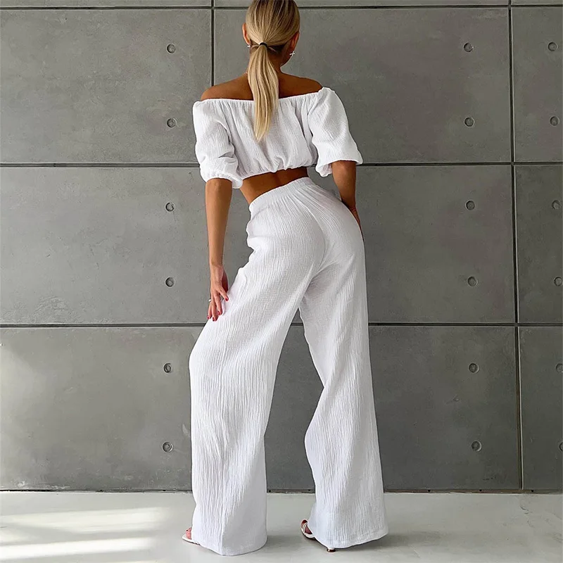 Slash Neck Off Shoulder Cropped Tees Tops Summer Ladies 2 Piece Pants Set Long Sleeve Solid Cotton Loose Casual Women Clothing