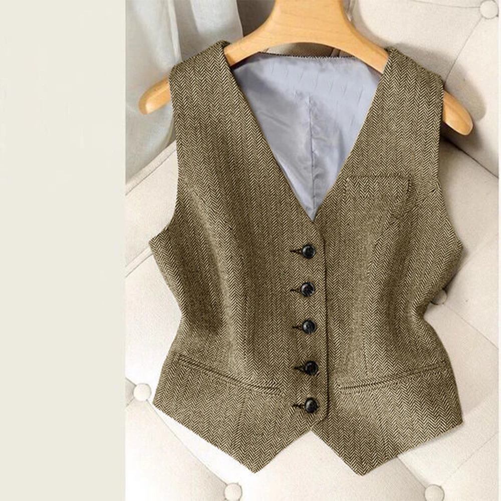 

Herringbone Tweed Women's Sleeveless Coat V Neck Single Breasted Vest Suit for Women Suit Waistcoat Jackets 2000s Tops Casual