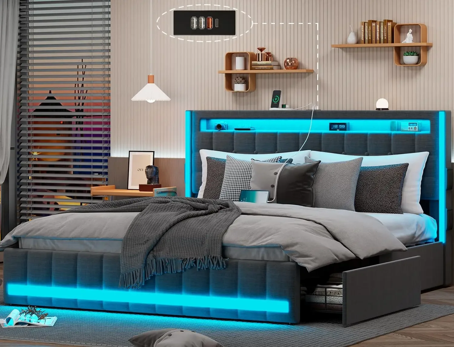 Upholstered Queen Size Bed Frame with 4Storage Drawer,RGB LED Light,Charging Station,Adjustable Headboard Slat Support with Box