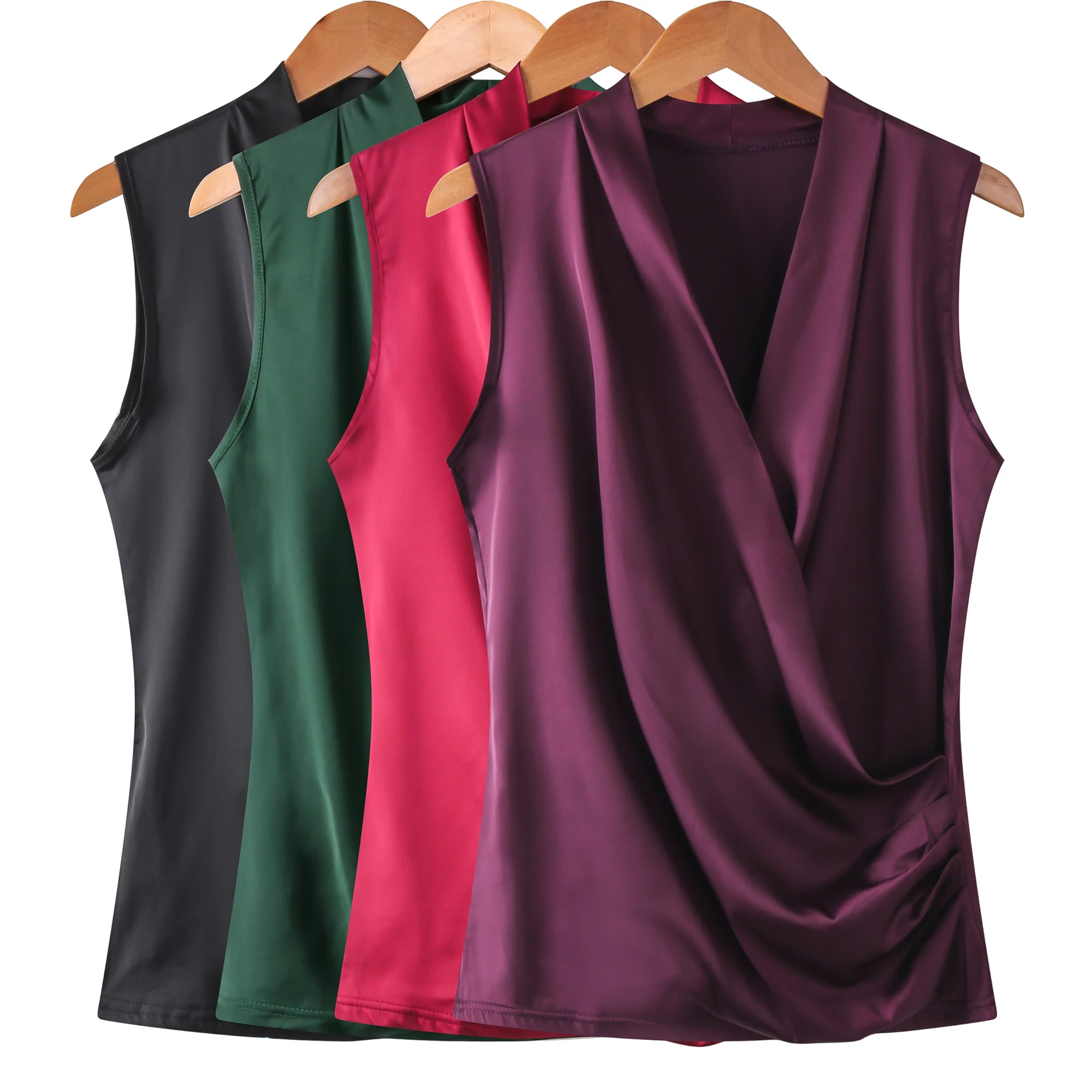 New Smooth Satin Female Sleeveless Blouse V-neck Top Slim Fit Outside Shirts