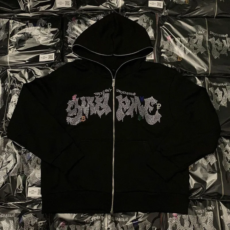 

Hip Hop Y2K Unisex Rhinestones Full Face Zipper Hoodies&Sweatshirt Loose Gothic Letter Star Print Men's Women's Streetwear Coat