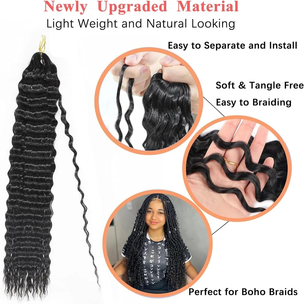 1/2/3packs Synthetic 30 inch Long Black Deep Wave Curly Braiding Hair Ocean Wave Crochet Hair Soft Curly Crochet Hair For Women