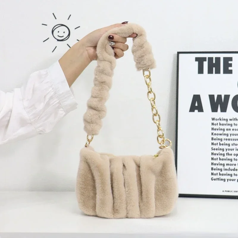 

Женские плюшевые сумочки с металлической цепочкой, женская сумка через плечо из искусственного меха с рюшами, Повседневная зимняя квадратная сумка-хобо через плечо