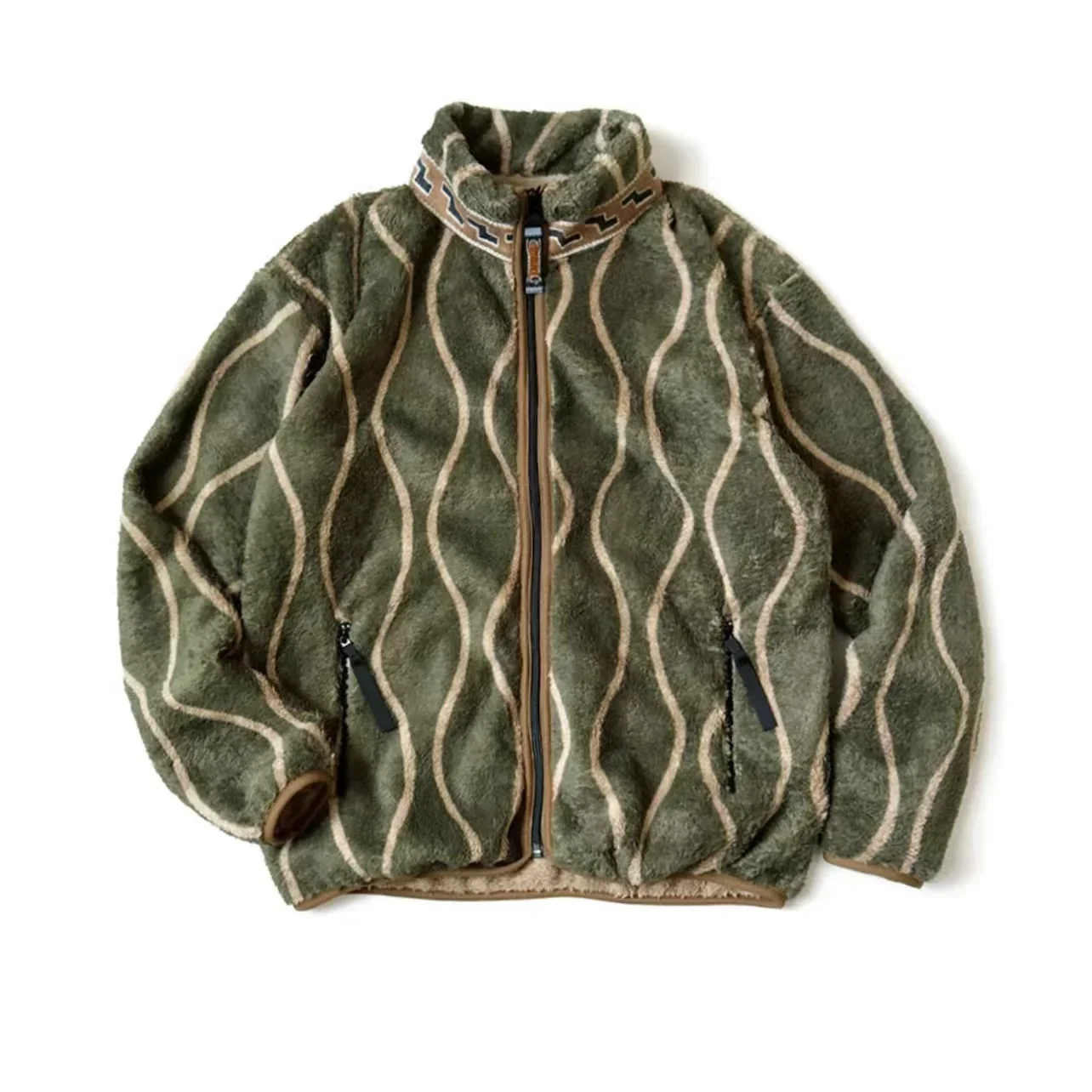 

22AW KAPITAL Hirata Tang Grass Fleece Wave Stripe Zipper Jacket Men Japan Style Apring Fall Stand Collar Loose Coat New Arrival
