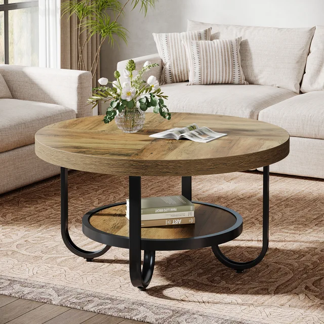 Tribesigns Table basse ronde à 2 niveaux avec étagère de rangement pour le salon, table de cocktail centrale de 31,1 pouces avec méta incurvée robuste 1