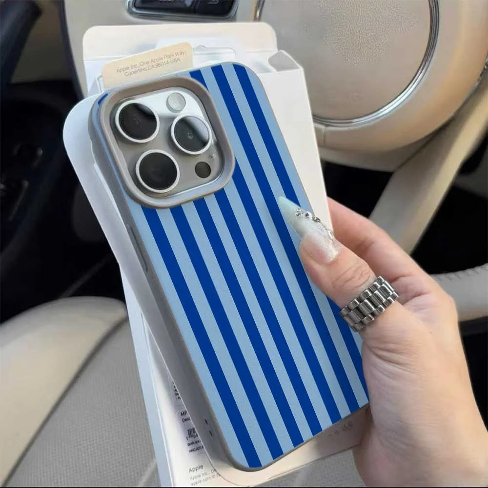 Elegant Double Blue Line Silicone Matte Shockproof Phone Case - Soft & Stylish Protection Cover