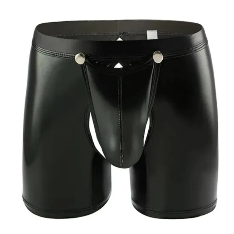 

Men Underwear Patent Leather Boxers Shorts Homme Solid Buckle Detachable Capsule Long Leg Underpants Bikini Cueca calzoncillo