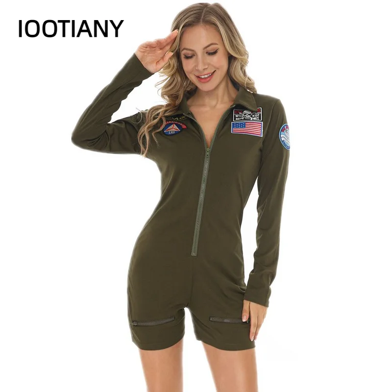 

Top Gun Cosplay American Airforce Aviator Uniform Halloween Costumes For Women Adult Army Green Military Pilot Jumpsuit