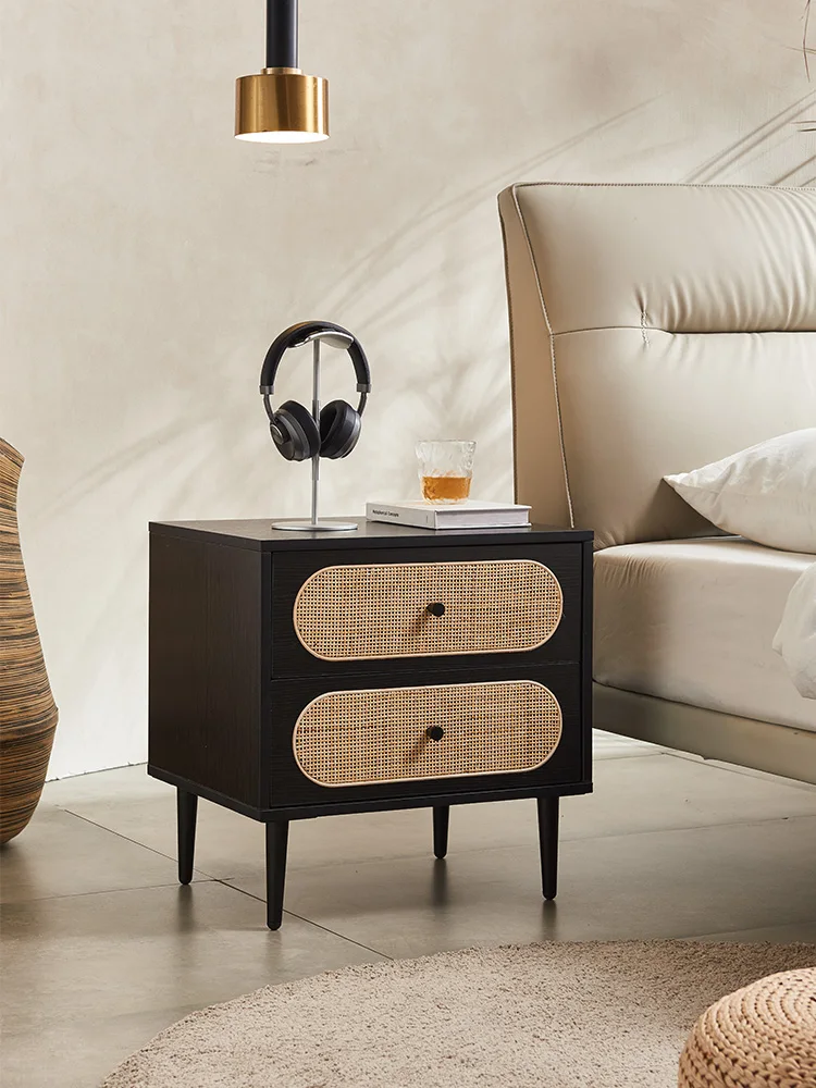 

European Wood Rattan Bedside Tables For Home Bedroom Furniture Modern Leisure Homestay Nightstands Small Storage Cabinet