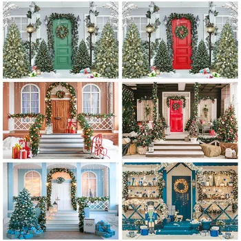 크리스마스 집 문 사진 배경, 크리스마스 트리 화환 배경, 가족 초상화 사진 스튜디오 사진 소품