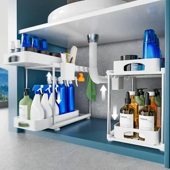 2 Pack Under Sink Organizers and Storage, Double Sliding Kitchen Cabinet Organizer, Adjustable Countertop Organizer 1