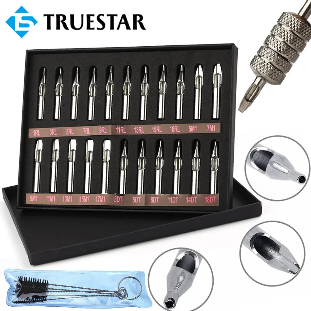 22/11PCS Tattoo Stainless Steel Tips Kit RT FT DT Mixd Sizes Tattoo Needle Nozzle Tips Set Assorted Types Tip Tube Kits