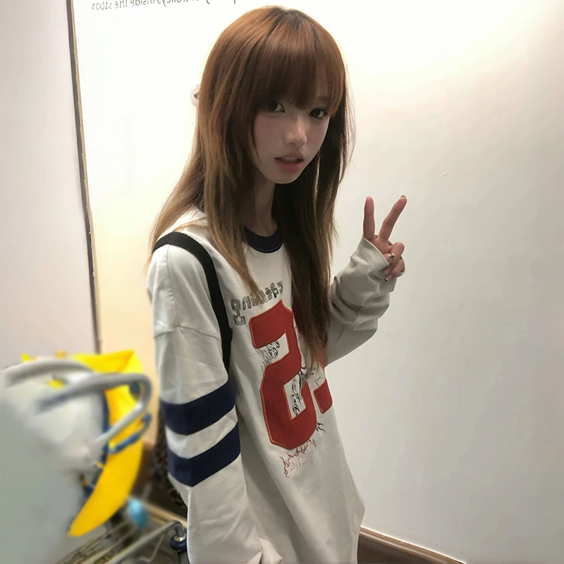 Karrram Japanese Y2k Number Print T-shirt 2000s Aesthetics Long Sleeve Jersey Tops Vintage Harajuku Streetwear American Retro