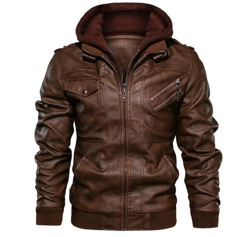 

Luxury Brand Men Leather Jackets Hooded Motorcycle Jacket Vintage Harajuku Zipper Pockets Coat Slim Autumn Winter Men Clothing
