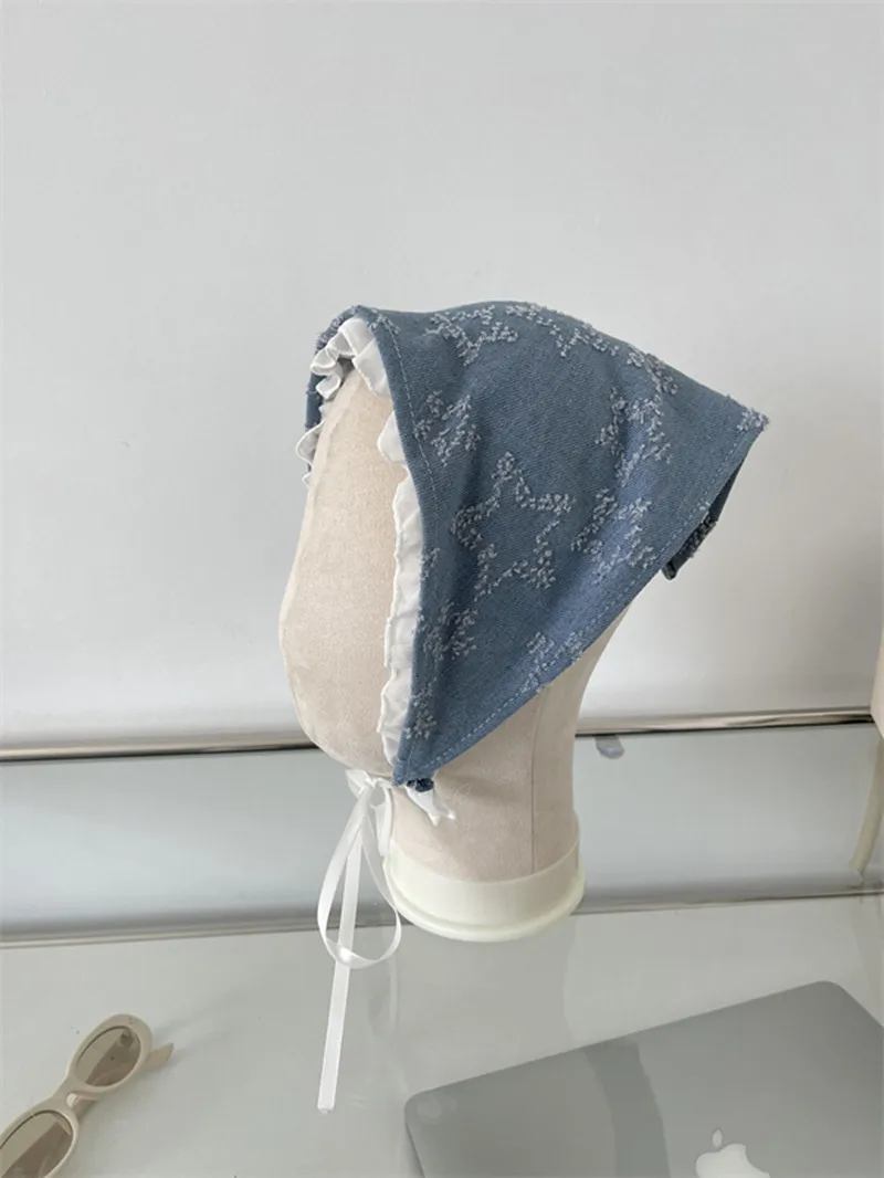 Blue Denim Hair Scarf Retro Star Bandana Triangle Hair Band Strap Soft Wrap For Women 5