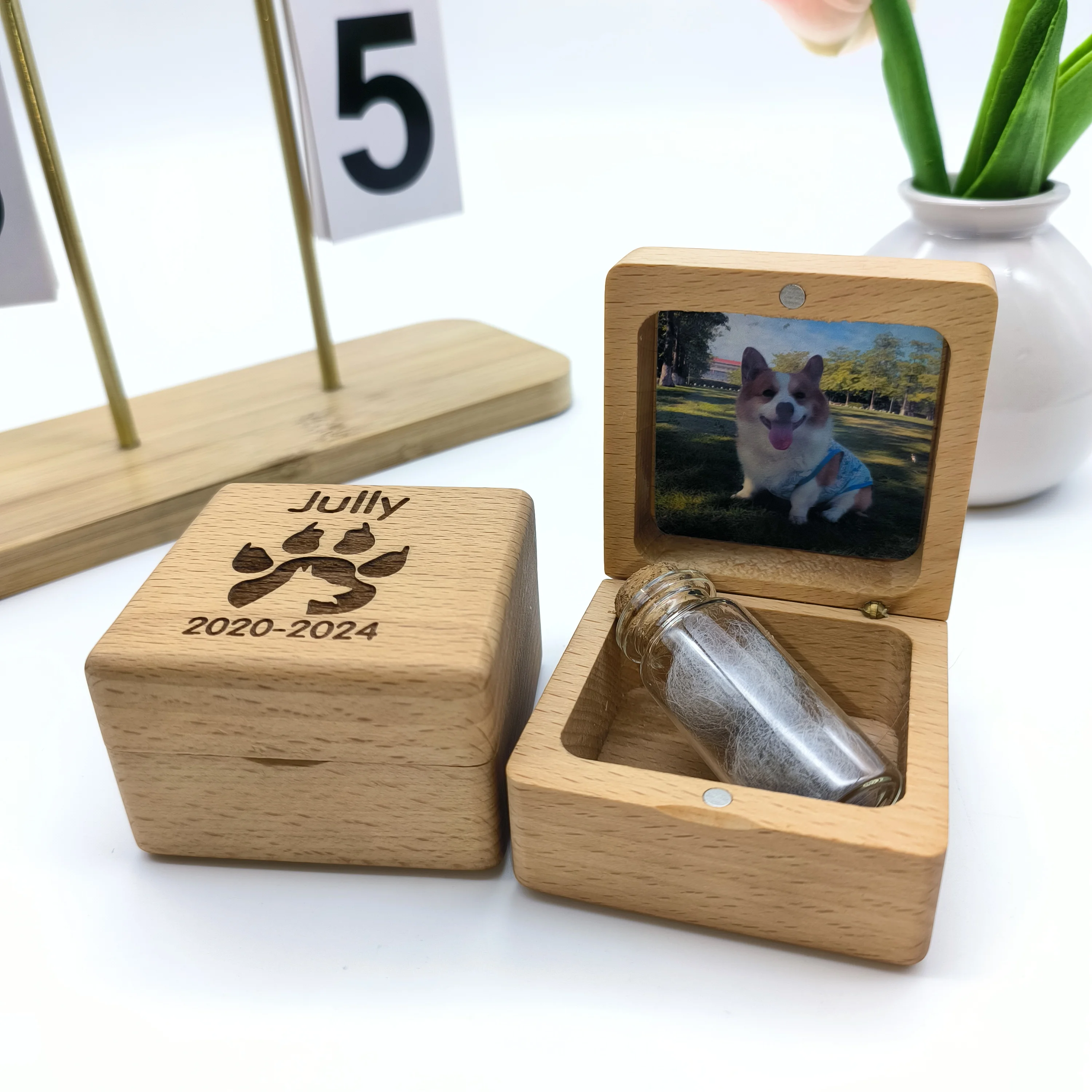 Personalized Handmade Wooden Pet Memorial Box with Name and Photos-Can Hold Pet Urn, Fur , Teeth, Nails