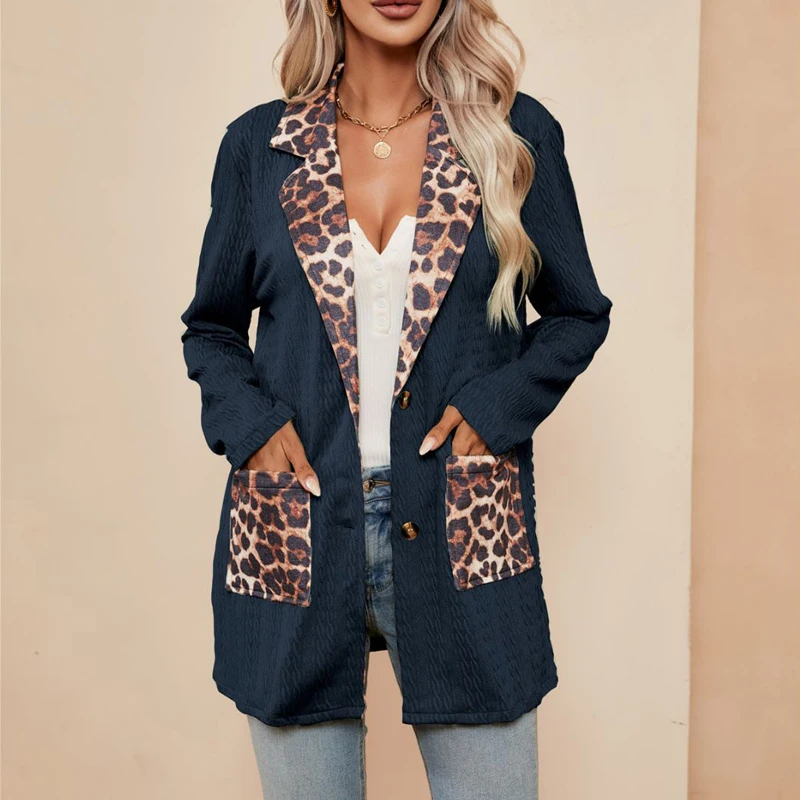 Women's Vintage Leopard Print Patchwork Casual Notched Blazers Autumn Fashion Ladies Long Sleeve Loose Suit Coat Ropa Para Mujer