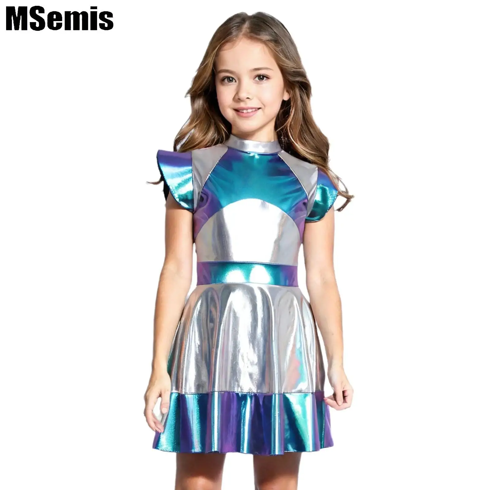 Kids Girls Alien Outer Space Role Play Dress Halloween Cosplay Cap Sleeve Color Block Dress Girls Dress Kids Clothes