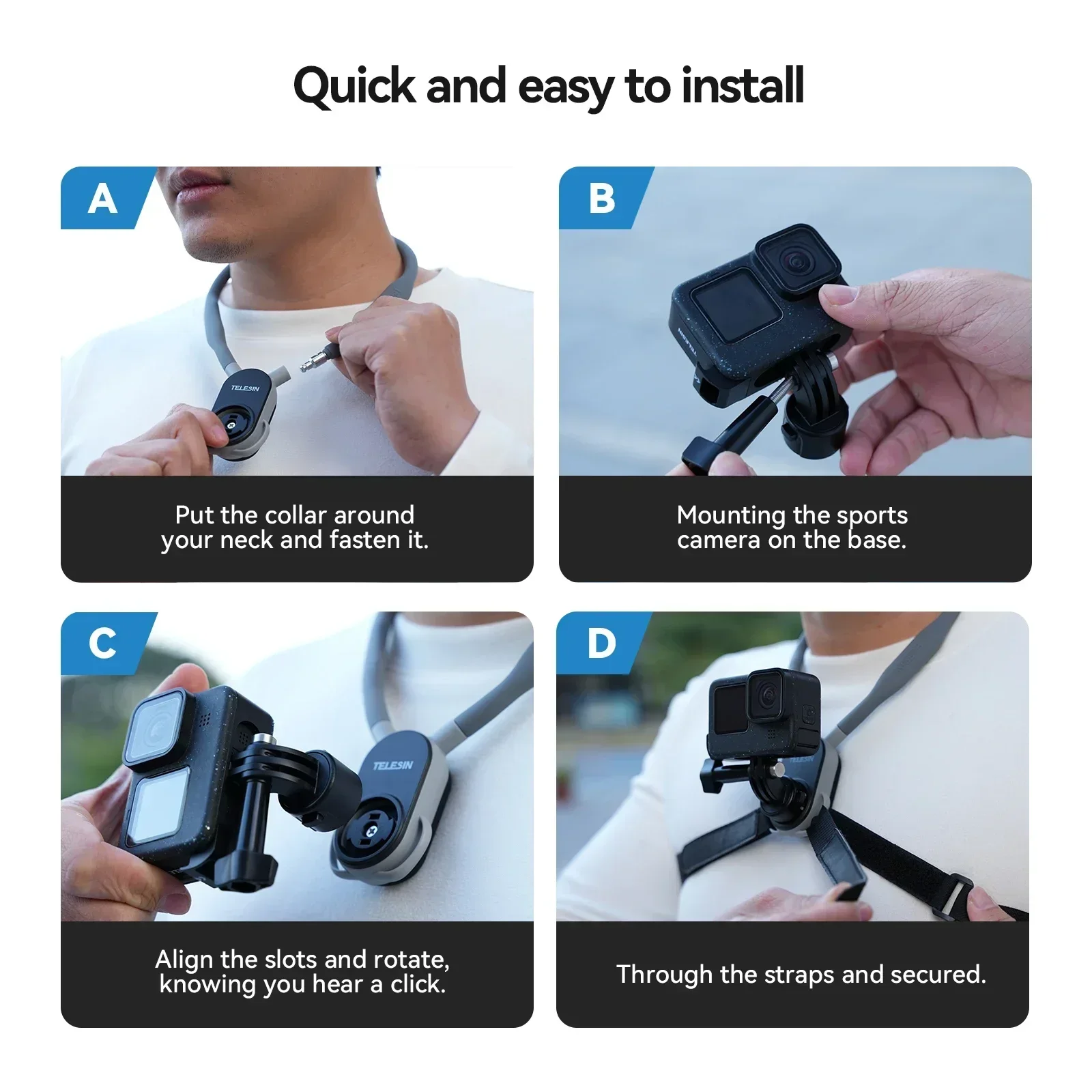 TELESIN Silicon Quick-Release Neck Mount for Gopro Hero 13 12 11 10 9 8 DJI OSMO Action 5 4 3 Insta360 Ace Pro X4 Accessorie action camera accessory,action camera holder,action camera mount