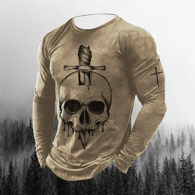 Long Sleeve Horror Skull 3d Printed Men's Oversized T Shirt New Winter Street Hip Hop High Quality Fashion Black Casual Shirt 3