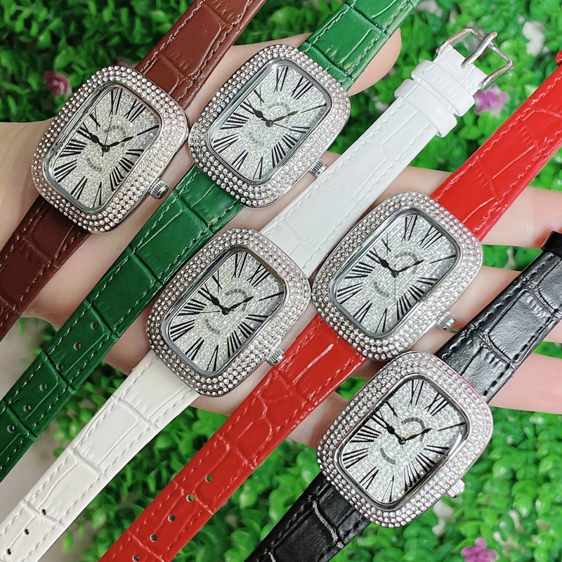 Diamond Watches Women Square Rose Gold Wrist Watches Red Leather Fashion Watches Ladies Quartz Clock Montre Femme