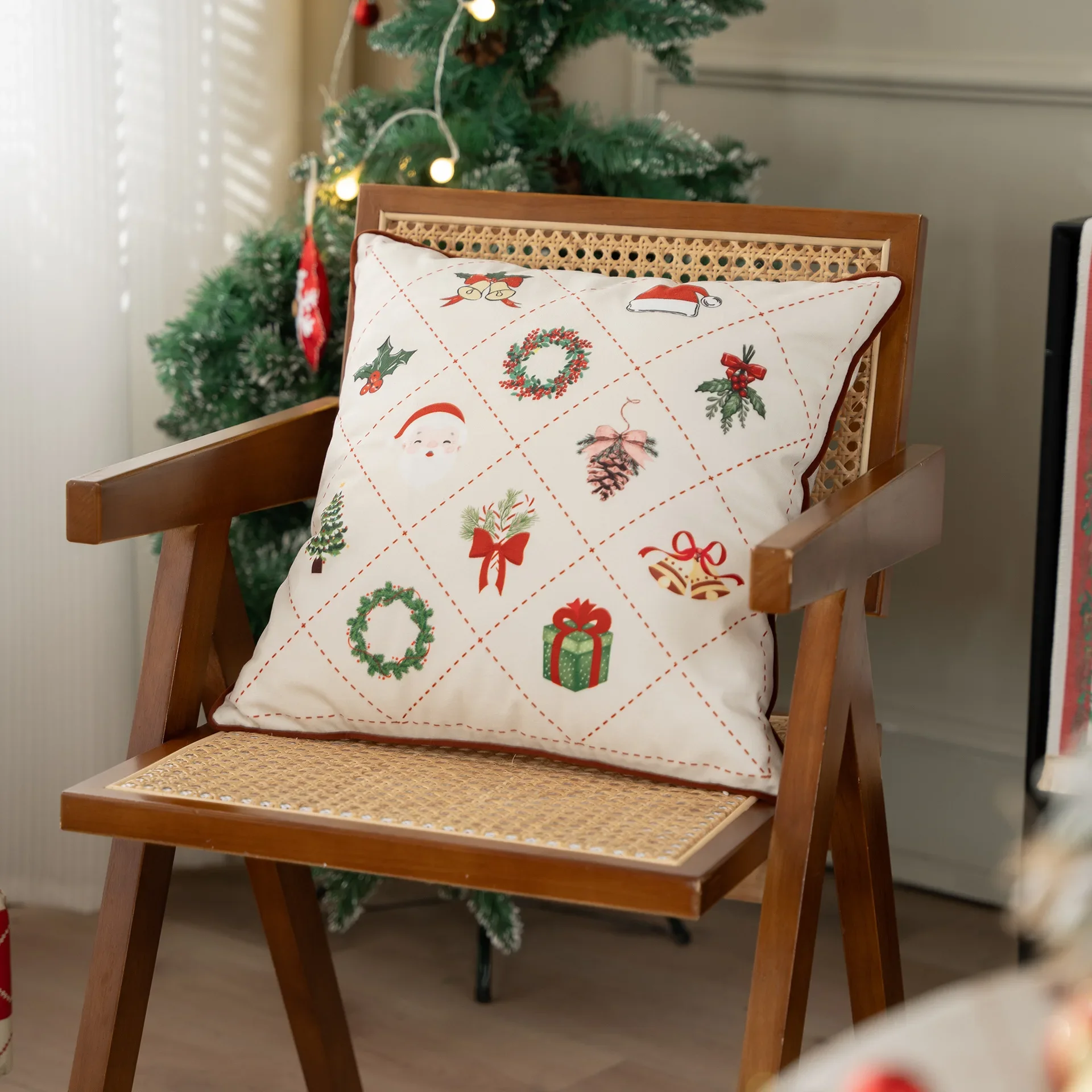 Festive White Embroidered Holiday Pillow Cover with Santa, Tree, and Nutcracker Design