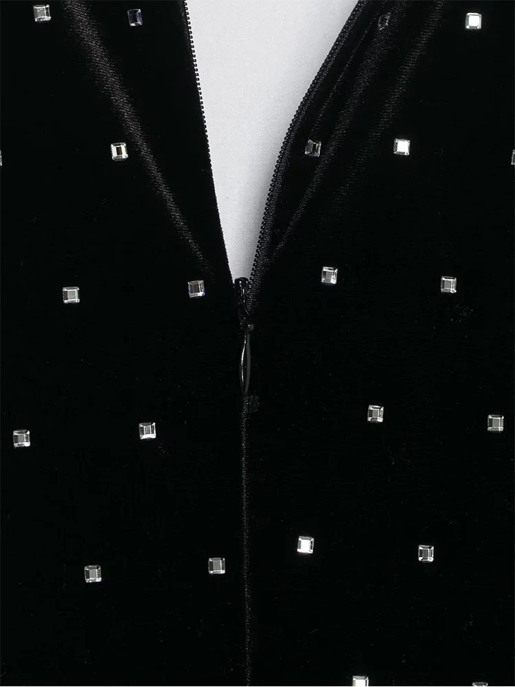 Fashion Long Sleeve Velvet Dress For Women Elegant Retro V-neck Bodycon Fit Chic Diamonds Beading Party Evening Gown Ladies