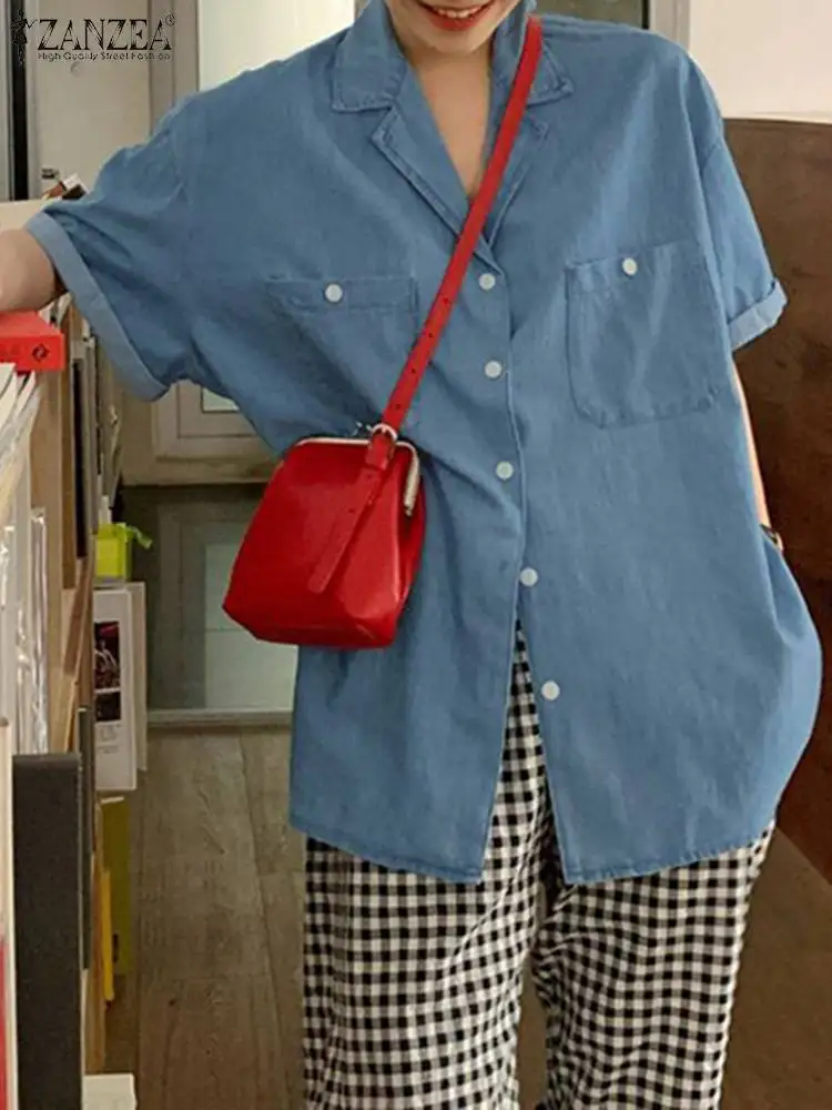

ZANZEA Oversize Fashion Denim Shirts Women BF Style Short Sleeve Lapel Collar Pockets Chemise Korean Fashion Solid Color Blouse