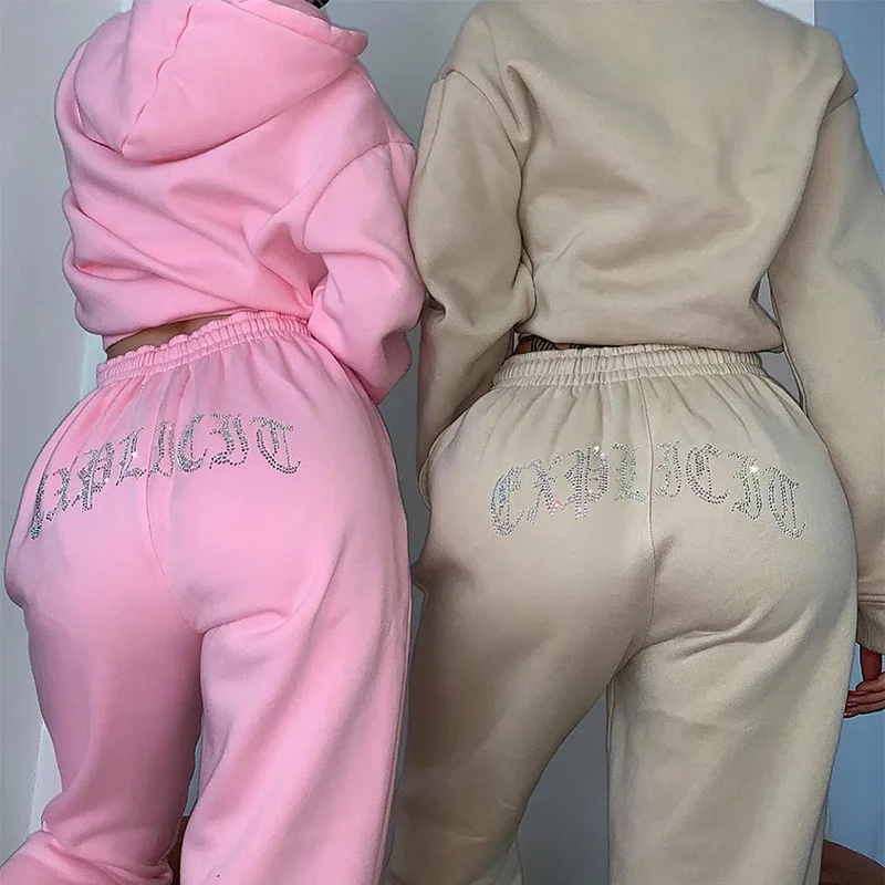 

2023 Autumn Winter New Women's Fashion Sports Casual Hooded Hot Diamond Solid Sweater Set Two Piece Set