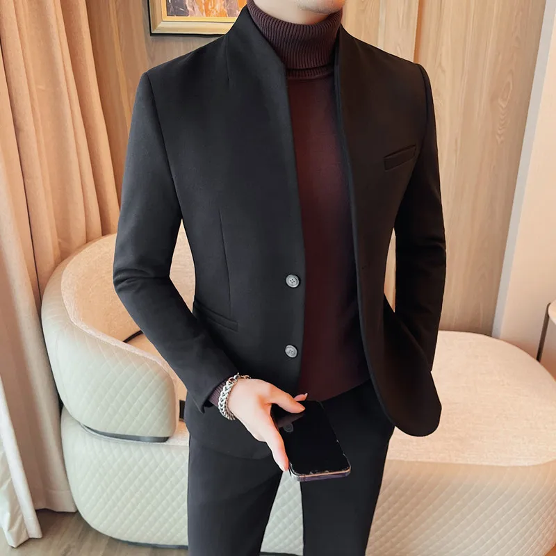 

2023 Winter Wool Stand Collar Men's Zhongshan Suit Coats High-quality Casual Business Dress Blazer Masculino Social Men Clothing