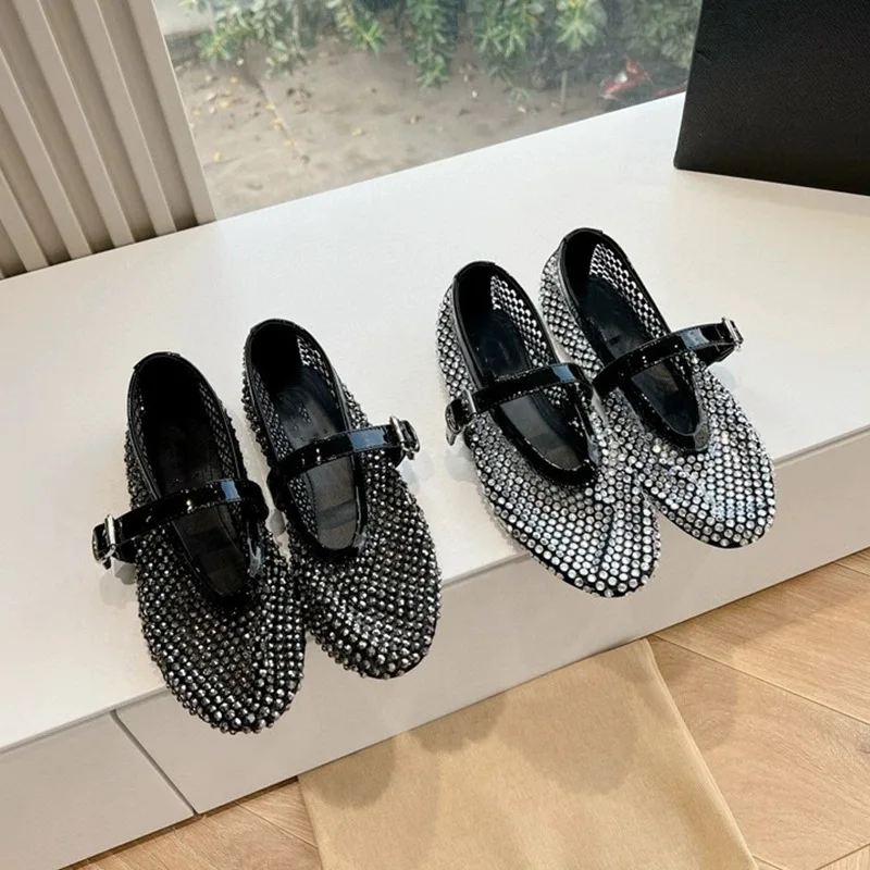 

Mesh Breathable Rhinestone Sandals Patent Leather Buckle Flats One-Line Niche Design Round Toe Ballet Catwalk Shoes Sandalias